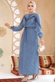 Modest Dark Blue Long Sleeve Denim Dress 19136KM - 2