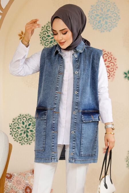 Modest Dark Blue Denim Vest 20444KM - NEVA STYLE