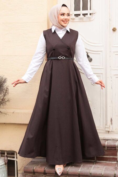Modest Dark Brown Gilet Dress 30284KKH - NEVA STYLE