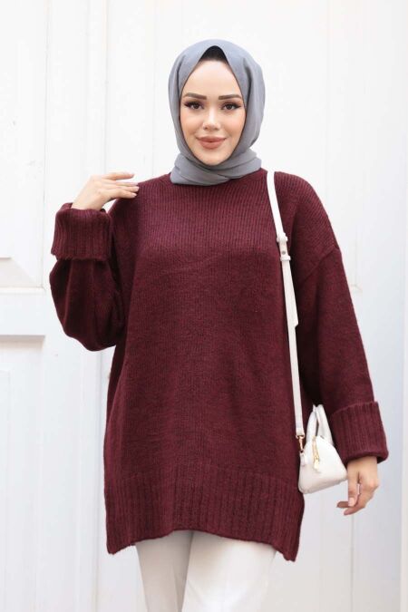 Modest Dark Claret Red Knitwear Jumper Top 87181KBR - NEVA STYLE