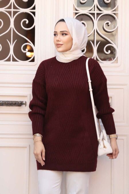  Modest Dark Claret Red Knitwear Tunic 7852KBR - NEVA STYLE