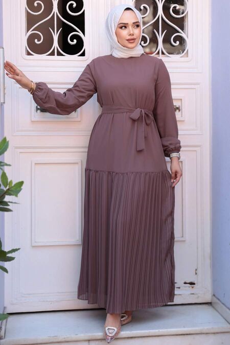 Modest Dark Dusty Rose Pleated Long Dress 23771KGK - NEVA STYLE