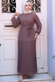 Modest Dark Dusty Rose Pleated Long Dress 23771KGK - 3
