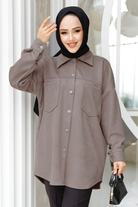 Modest Dark Grey Suede Shirt 10305KGR - NEVA STYLE