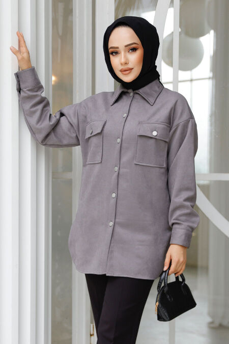 Modest Dark Grey Suede Shirt 20305KGR - NEVA STYLE