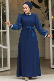 Modest Dark İndigo Blue Bridesmaid Dress 4576KIM - 1