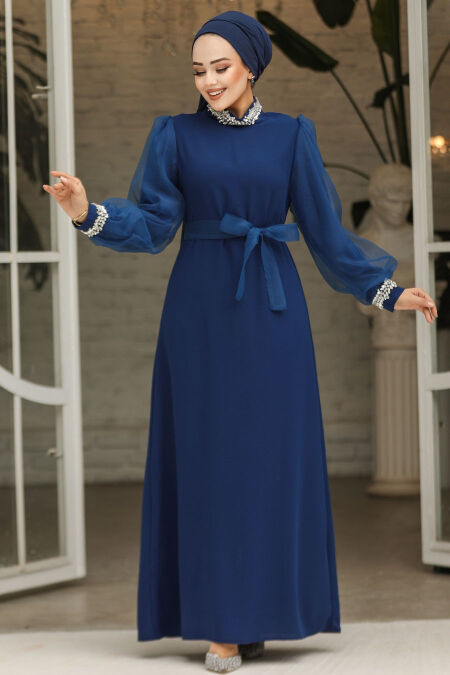 Modest Dark İndigo Blue Bridesmaid Dress 4576KIM - NEVA STYLE