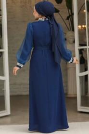 Modest Dark İndigo Blue Bridesmaid Dress 4576KIM - 3