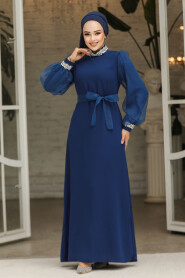 Modest Dark İndigo Blue Bridesmaid Dress 4576KIM - 2