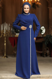 Modest Dark İndigo Blue Evening Dress 46021KIM - 1