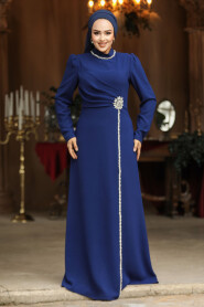 Modest Dark İndigo Blue Evening Dress 46021KIM - 2