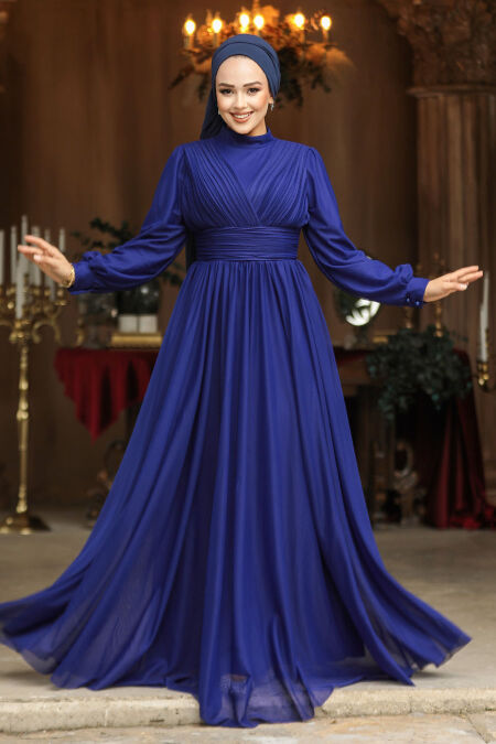 Modest Dark İndigo Blue Evening Gown 46321KIM - NEVA STYLE