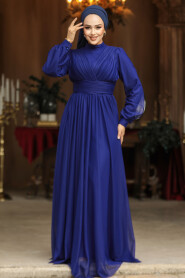 Modest Dark İndigo Blue Evening Gown 46321KIM - 2