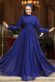 Modest Dark İndigo Blue Evening Gown 46321KIM - 3