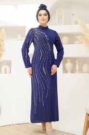 Modest Dark İndigo Blue Evening Gown 46781KIM - 2