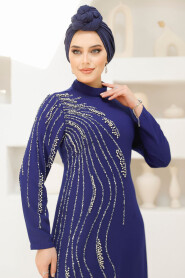 Modest Dark İndigo Blue Evening Gown 46781KIM - 3