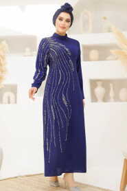 Modest Dark İndigo Blue Evening Gown 46781KIM 