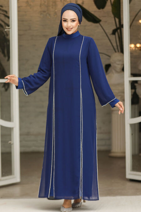 Modest Dark İndigo Blue Prom Dress 4337KIM - NEVA STYLE