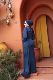 Modest Dark İndigo Blue Prom Dress 52585KIM - 4