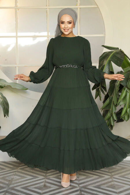 Modest Dark Khaki Ruffle Dress 44761KHK - NEVA STYLE