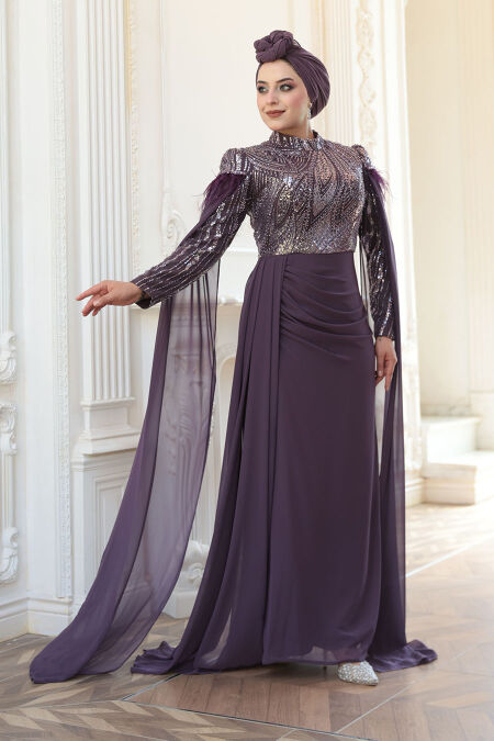 Modest Dark Lila Bridesmaid Dress 52592KLILA - NEVA STYLE