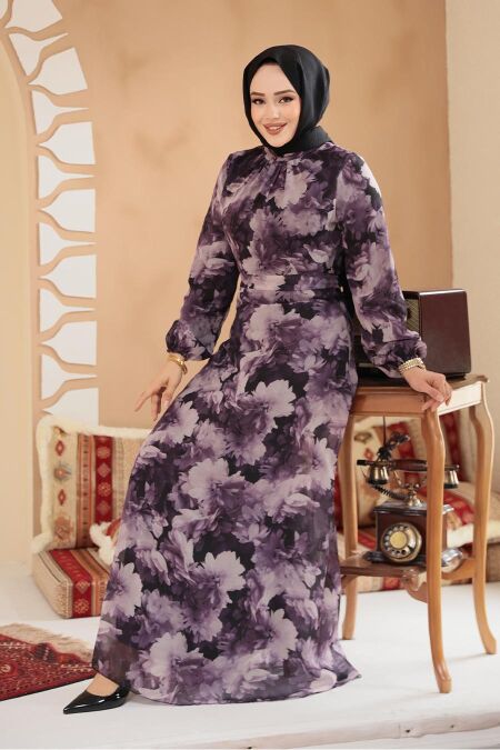 Modest Dark Lila Floral Plus Size Dress 279910KLILA - NEVA STYLE
