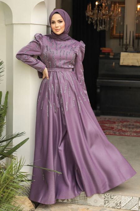 Modest Dark Lila Satin Evening Dress 51891KLILA - NEVA STYLE