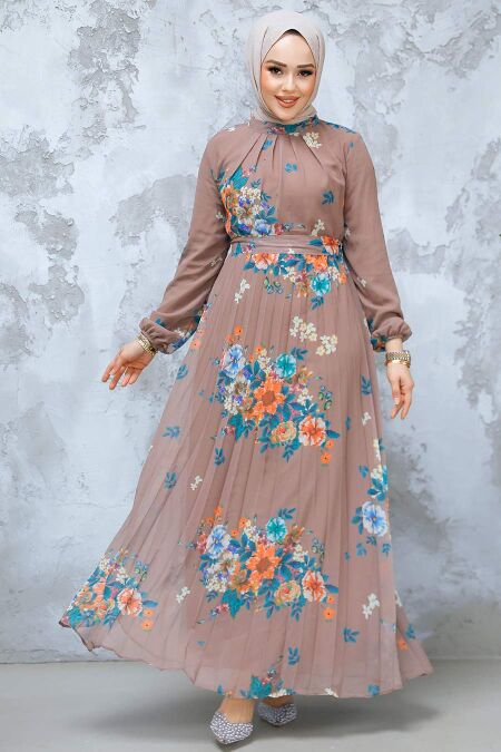 Modest Dark Mink Floral Dress 34468KV - NEVA STYLE
