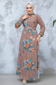 Modest Dark Mink Floral Dress 34468KV - 2