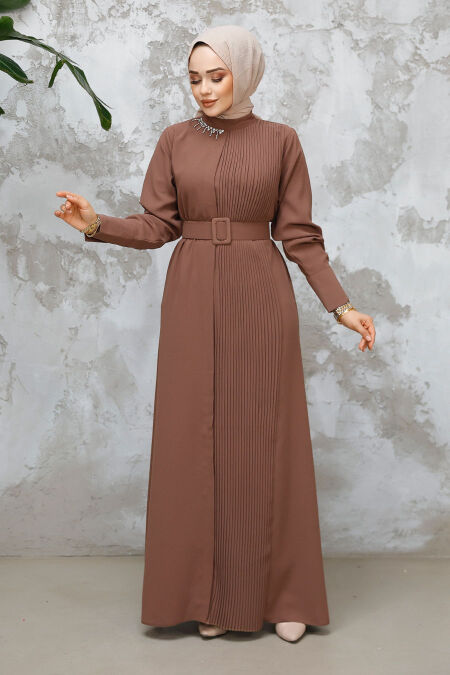 Modest Dark Mink Plus Size Pleated Dress 65879KV - NEVA STYLE