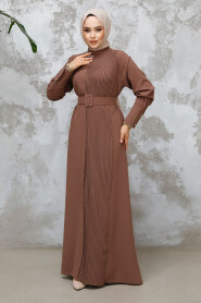 Modest Dark Mink Plus Size Pleated Dress 65879KV - 3