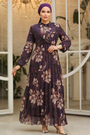 Modest Dark Purple Chiffon Floral Dresses 50355KMOR - 2