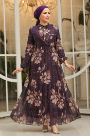 Modest Dark Purple Chiffon Floral Dresses 50355KMOR - 1