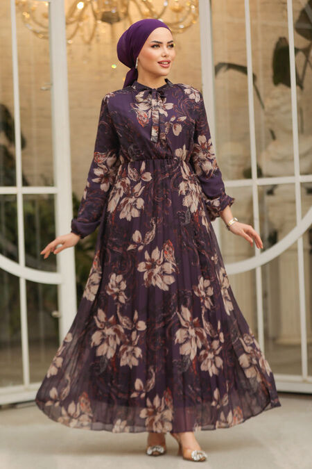 Modest Dark Purple Chiffon Floral Dresses 50355KMOR - NEVA STYLE