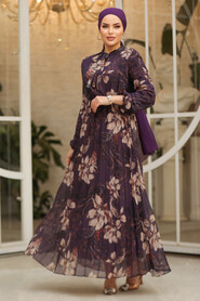 Modest Dark Purple Chiffon Floral Dresses 50355KMOR - 3