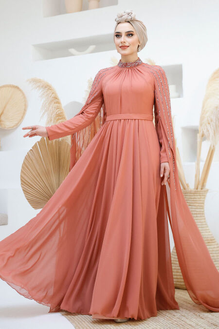 open lace back dress Briana Modest Scoop Short Sleeves Long Chiffon Bridesmaid Dresses, Champagne main image 0