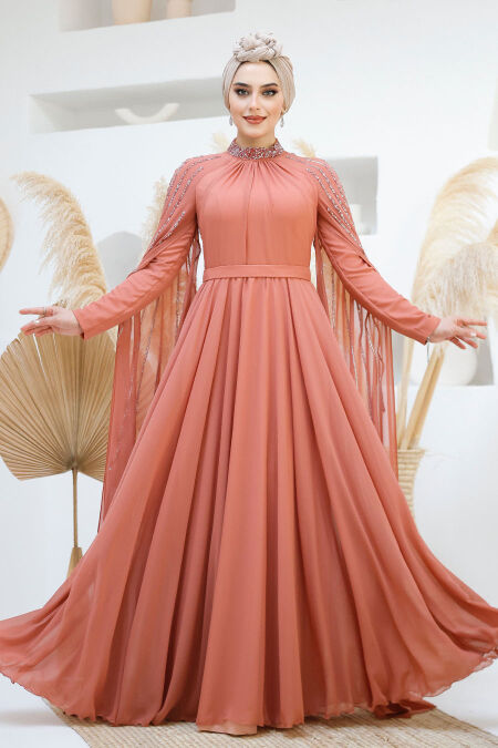 Modest Dark Salmon Pink Bridesmaid Dress 47381KSMN - NEVA STYLE