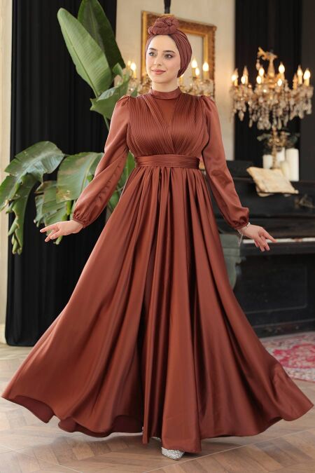 Modest Dark Sunuff Colored Evening Gown 23821KTB - NEVA STYLE