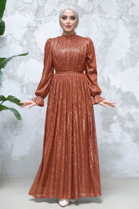 Modest Dark Terra Cotta Evening Gown With Long Sleeve 44961KKRMT - NEVA STYLE
