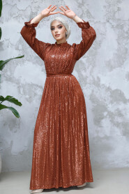 Modest Dark Terra Cotta Evening Gown With Long Sleeve 44961KKRMT - 3