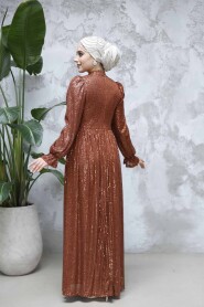 Modest Dark Terra Cotta Evening Gown With Long Sleeve 44961KKRMT - 5