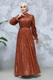 Modest Dark Terra Cotta Evening Gown With Long Sleeve 44961KKRMT - 2