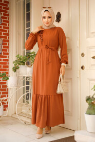 Modest Dark Terra Cotta Long Dress 659KKRMT - 2