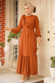 Modest Dark Terra Cotta Long Dress 659KKRMT - 1