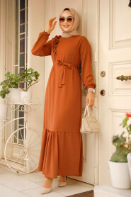 Modest Dark Terra Cotta Long Dress 659KKRMT - 3