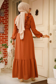 Modest Dark Terra Cotta Long Dress 659KKRMT - 4