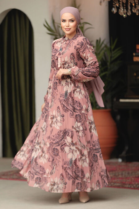 Modest Dusty Rose Chiffon Floral Dresses 50355GK - NEVA STYLE