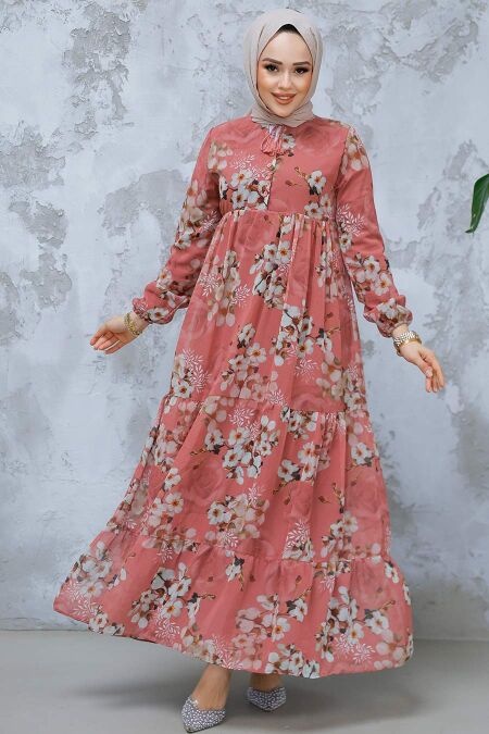 Modest Dusty Rose Floral Long Dress 22053GK - NEVA STYLE