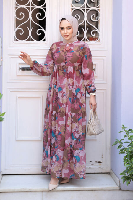 Modest Dusty Rose Flower Long Dress 22056GK - NEVA STYLE