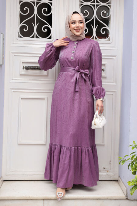 Modest Dusty Rose Jacquard Dress 23891GK - NEVA STYLE